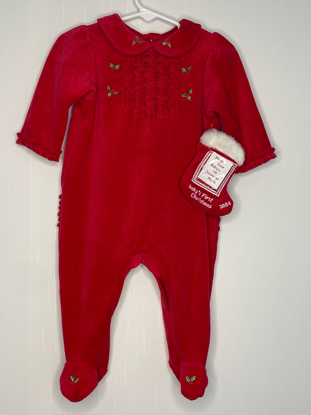 VTG Bright Future Red Velour Christmas Footie Romper 6-9M